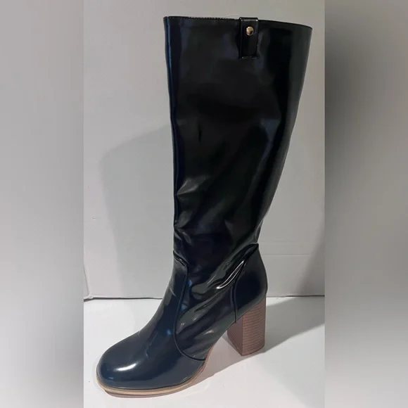 Leila Stone Vegan Black Patent Leather Cynira Knee-High Boots Block Heel Size 10 - Picture 9 of 12